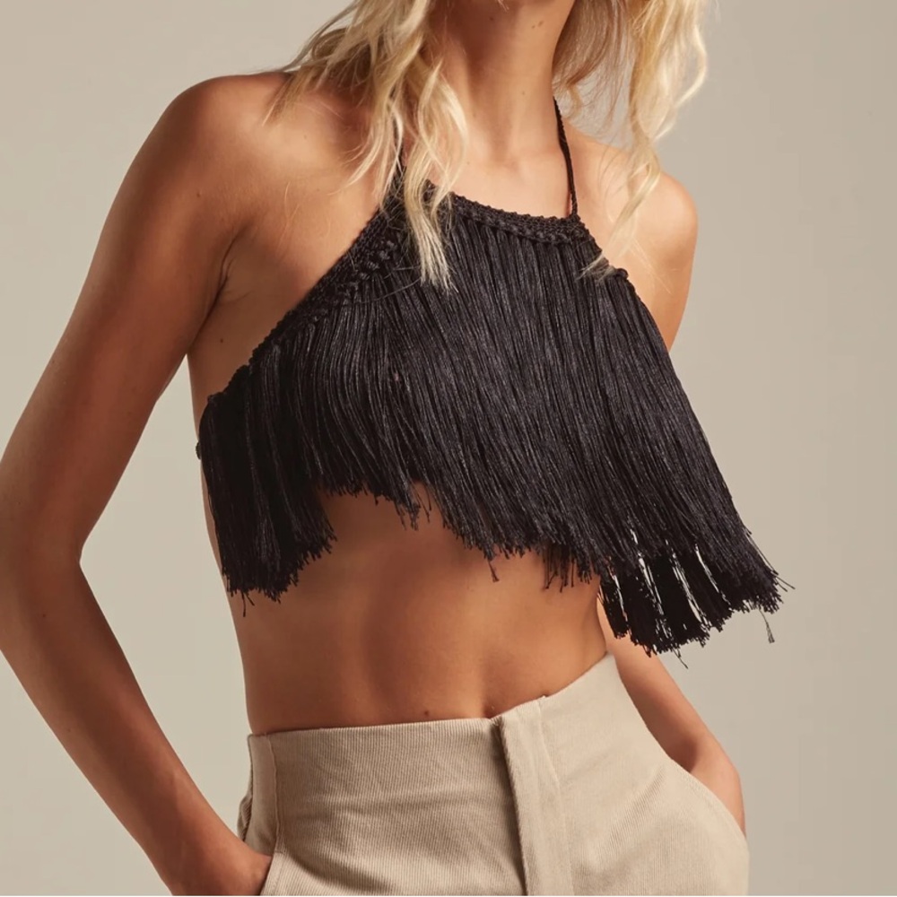 ANDREA ALMEIDA BLACK FRINGE HALTER TOP